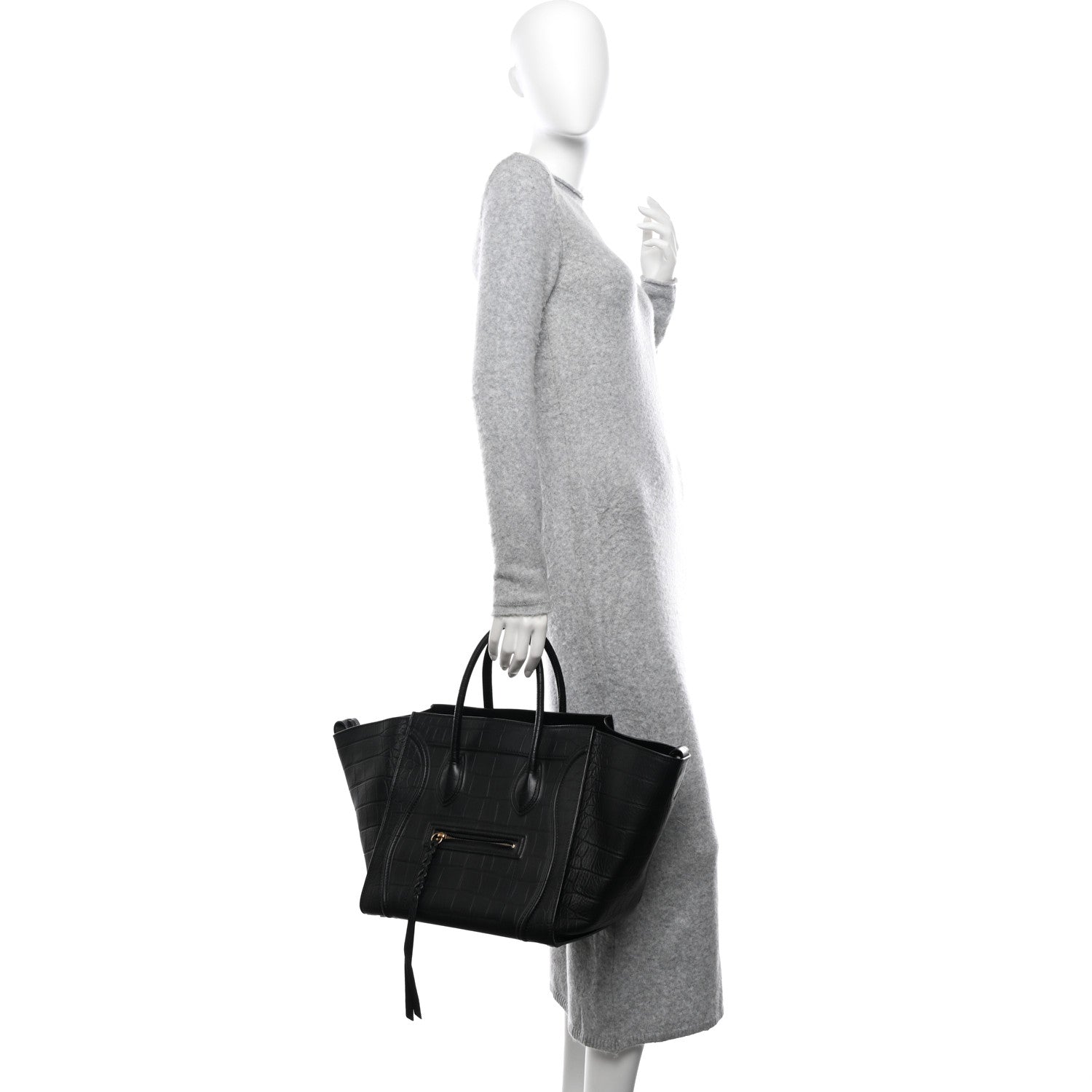 Celine Crocodile Embossed Calfskin Medium Phantom Luggage Black 2 of 13