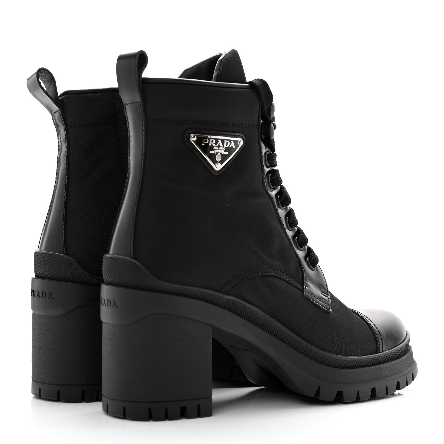 Prada Spazzolato Re-Nylon Metal Triangle Logo Lace Up 55mm Ankle Boots 36.5 Black 4 of 13