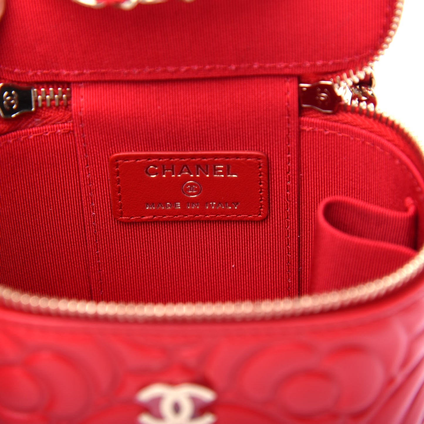 Lambskin Camellia Embossed Mini Vanity Case With Chain Red