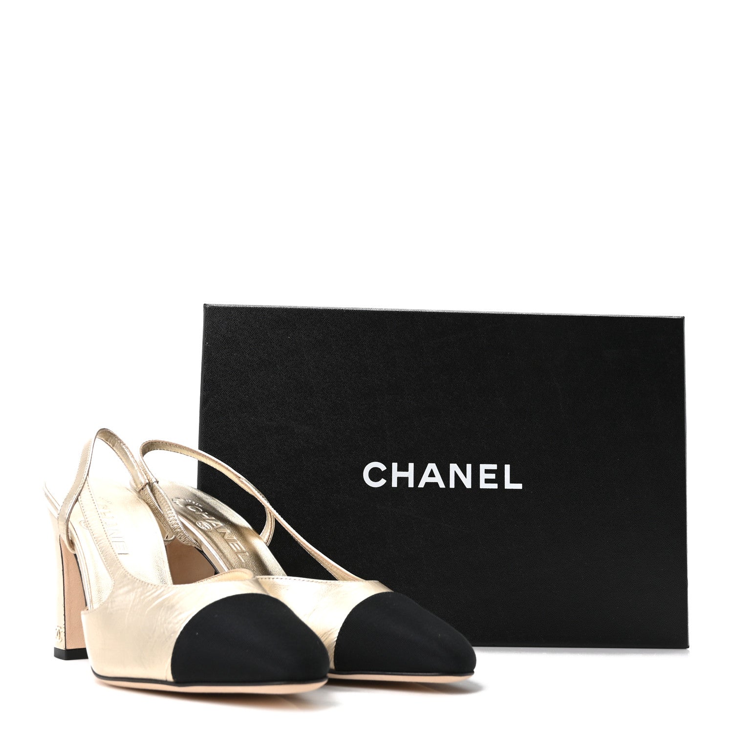 Chanel Laminated Crumpled Lambskin Grosgrain Cap Toe CC Slingback Pumps 39.5 Gold Black 10 of 10