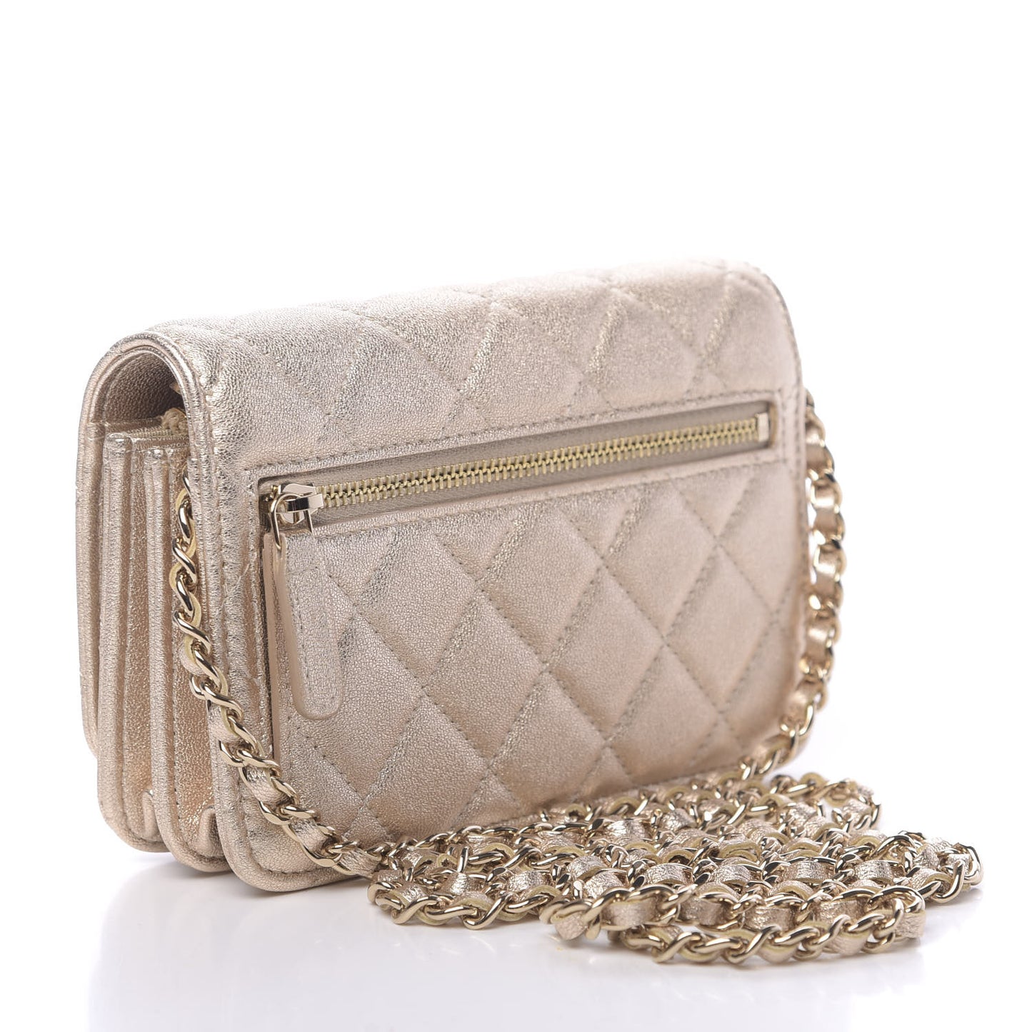 Metallic Lambskin Quilted Mini Wallet On Chain WOC Gold