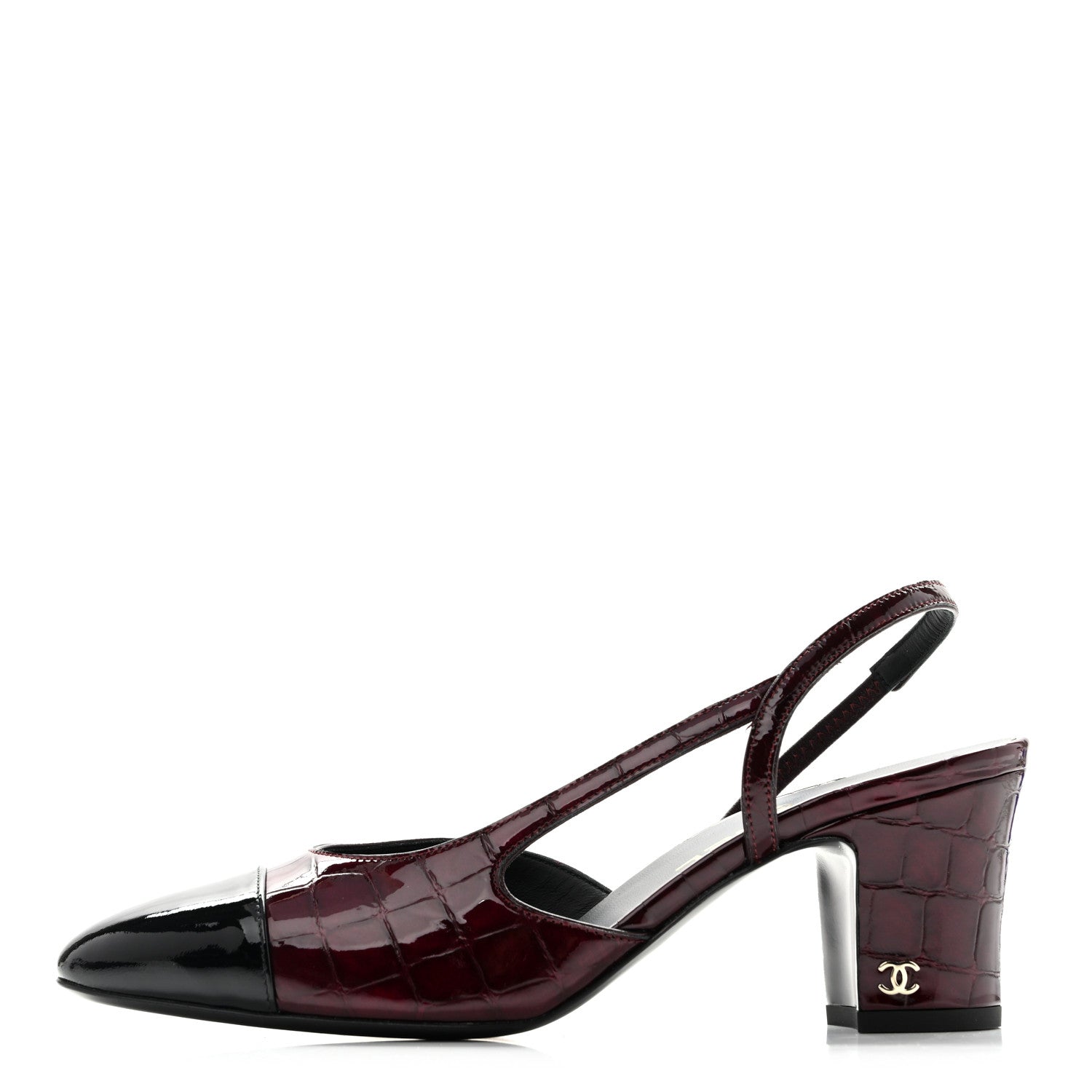 Chanel Patent Calfskin Crocodile Embossed Cap Toe CC Slingback Pumps 37.5 Dark Burgundy Black 1 of 11