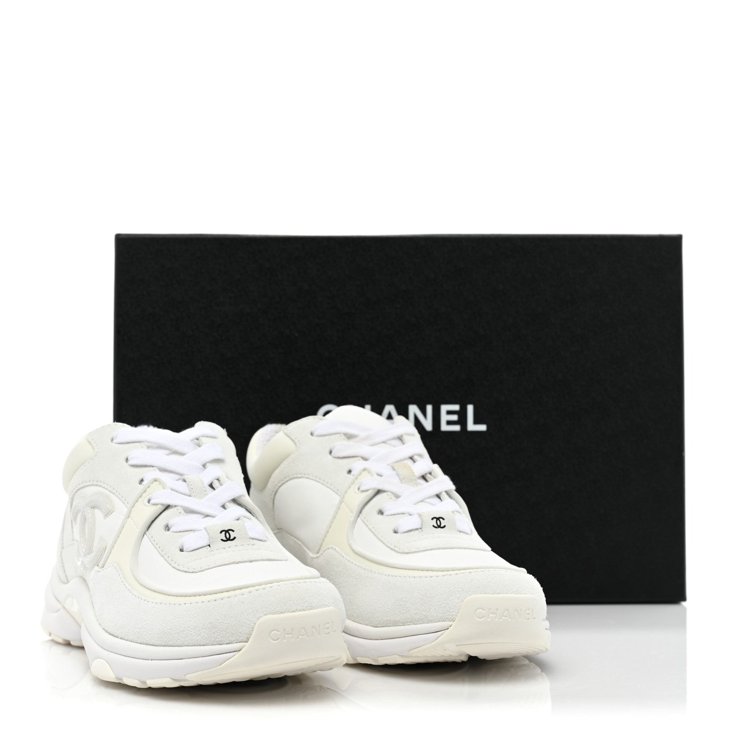 Chanel Suede Calfskin Fabric CC Sneakers 38 White 11 of 11