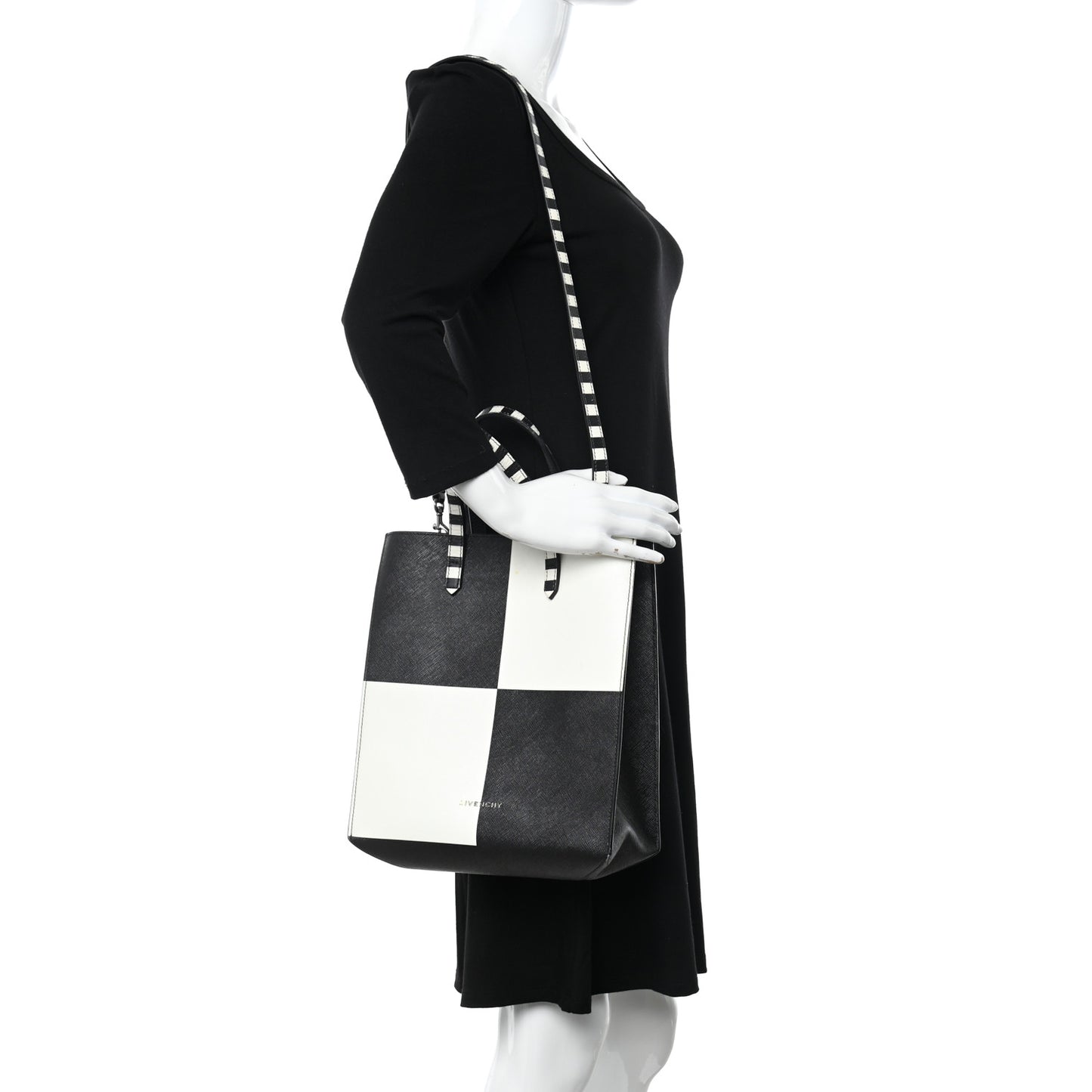 Calfskin Logo Checkered Print Stargate Shopper Tote Black White