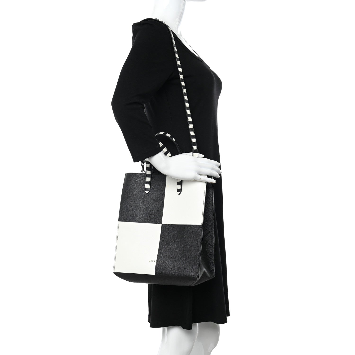 Givenchy Calfskin Logo Checkered Print Stargate Shopper Tote Black White 2 of 16