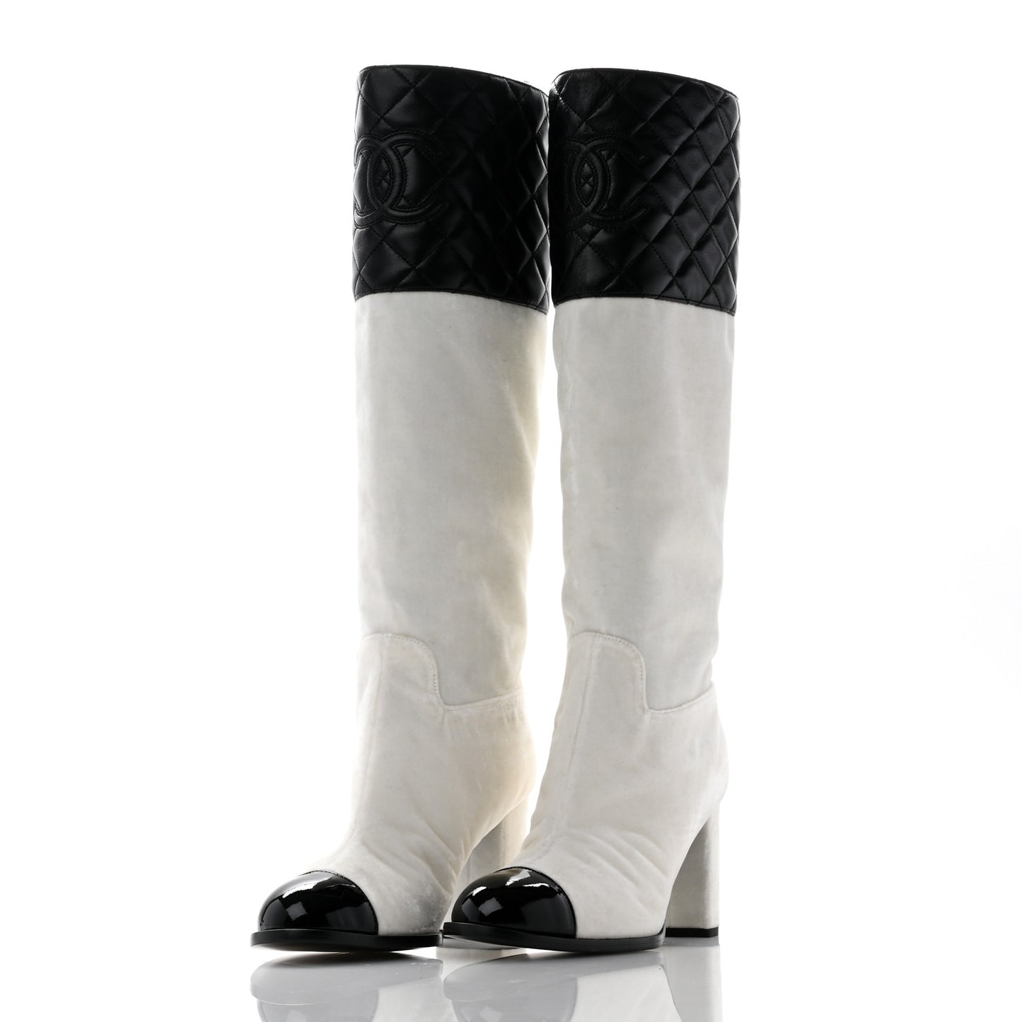 Velvet Lambskin Patent Cap Toe Quilted High Boots 38 White Black