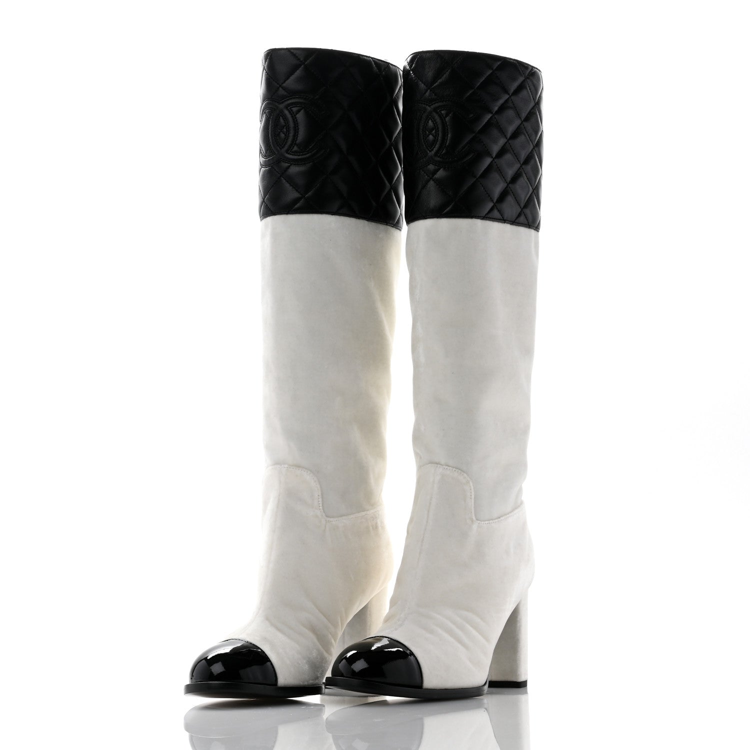 Chanel Velvet Lambskin Patent Cap Toe Quilted High Boots 38 White Black 3 of 10