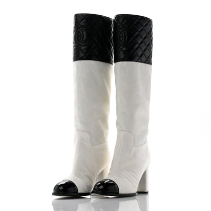 Chanel Velvet Lambskin Patent Cap Toe Quilted High Boots 38 White Black 3 of 10
