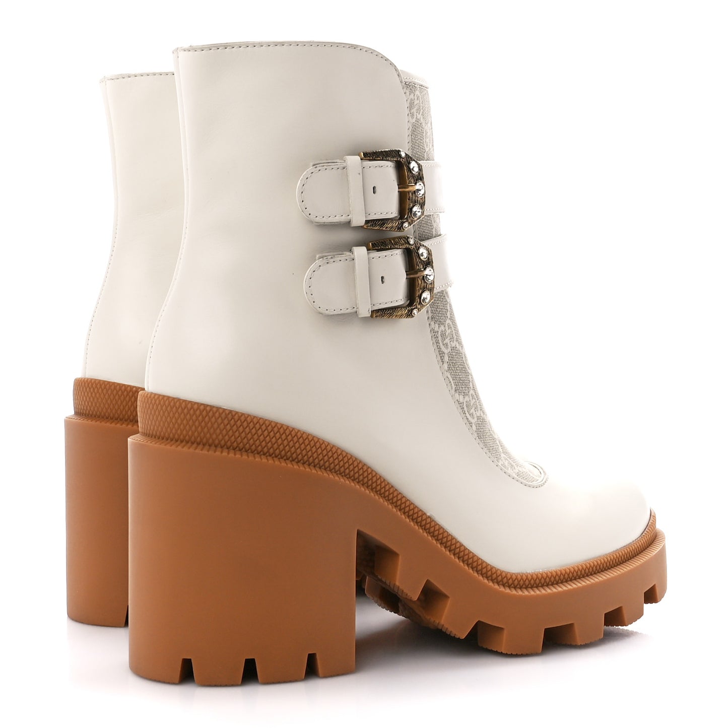 Kensington Calfskin Nappa GG Supreme Monogram Womens Double Buckle Ankle Boots 38.5 Mystic White Beige