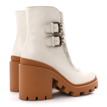 Gucci Kensington Calfskin Nappa GG Supreme Monogram Womens Double Buckle Ankle Boots 38.5 Mystic White Beige 4 of 9