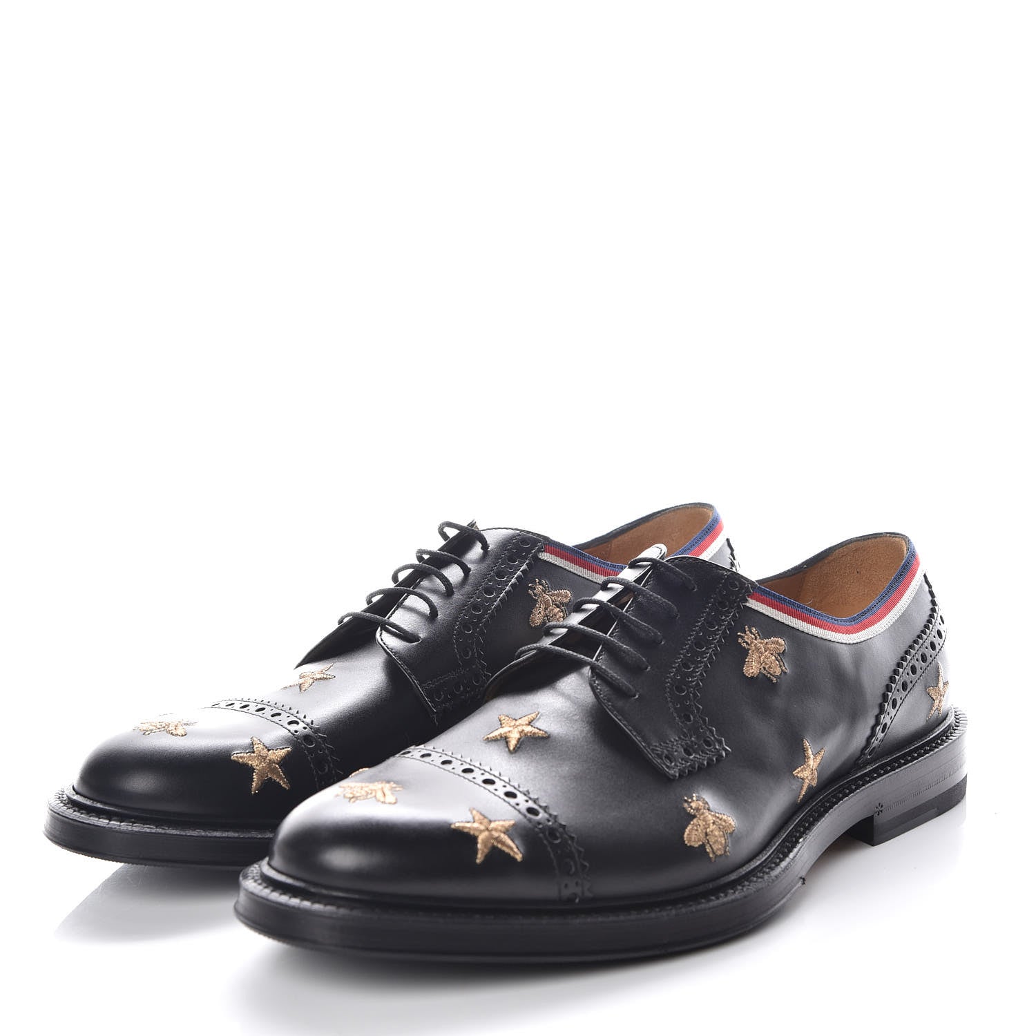Gucci Calfskin Bee Star Embroidered Mens Captoe Derby Loafers 8.5 Black 3 of 11