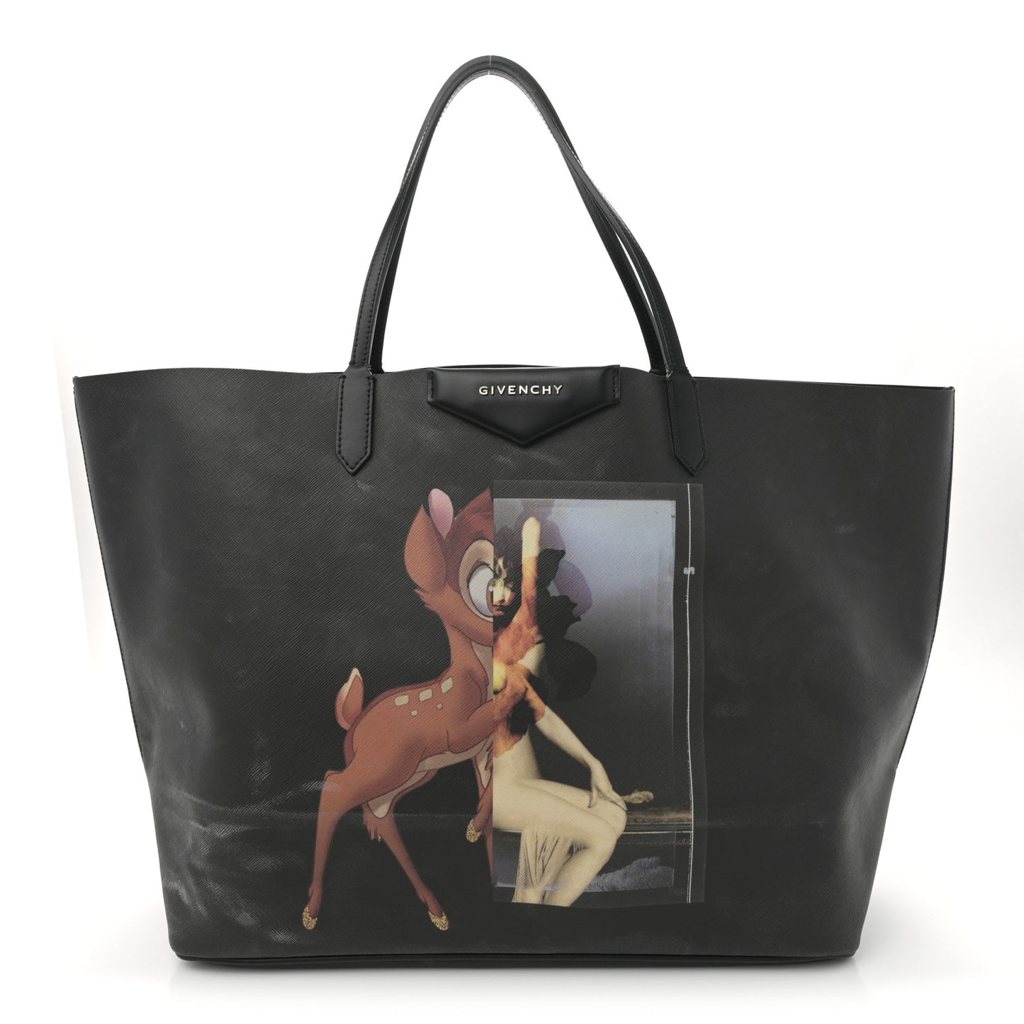 Textured Coated Canvas Bambi Print Large Antigona Tote Black