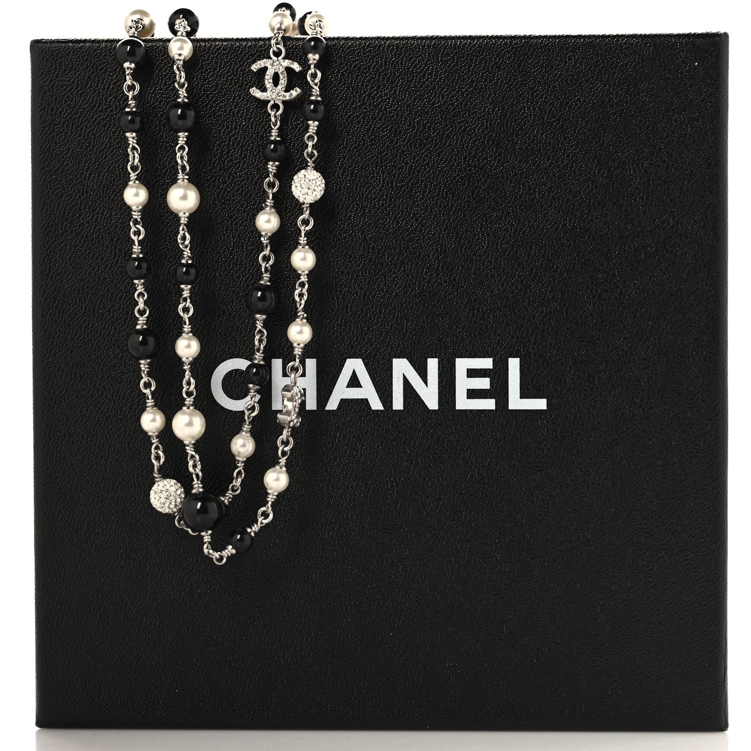 Chanel Pearl Crystal Bead CC Long Necklace Black Silver 5 of 5