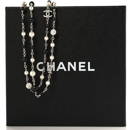 Chanel Pearl Crystal Bead CC Long Necklace Black Silver 5 of 5