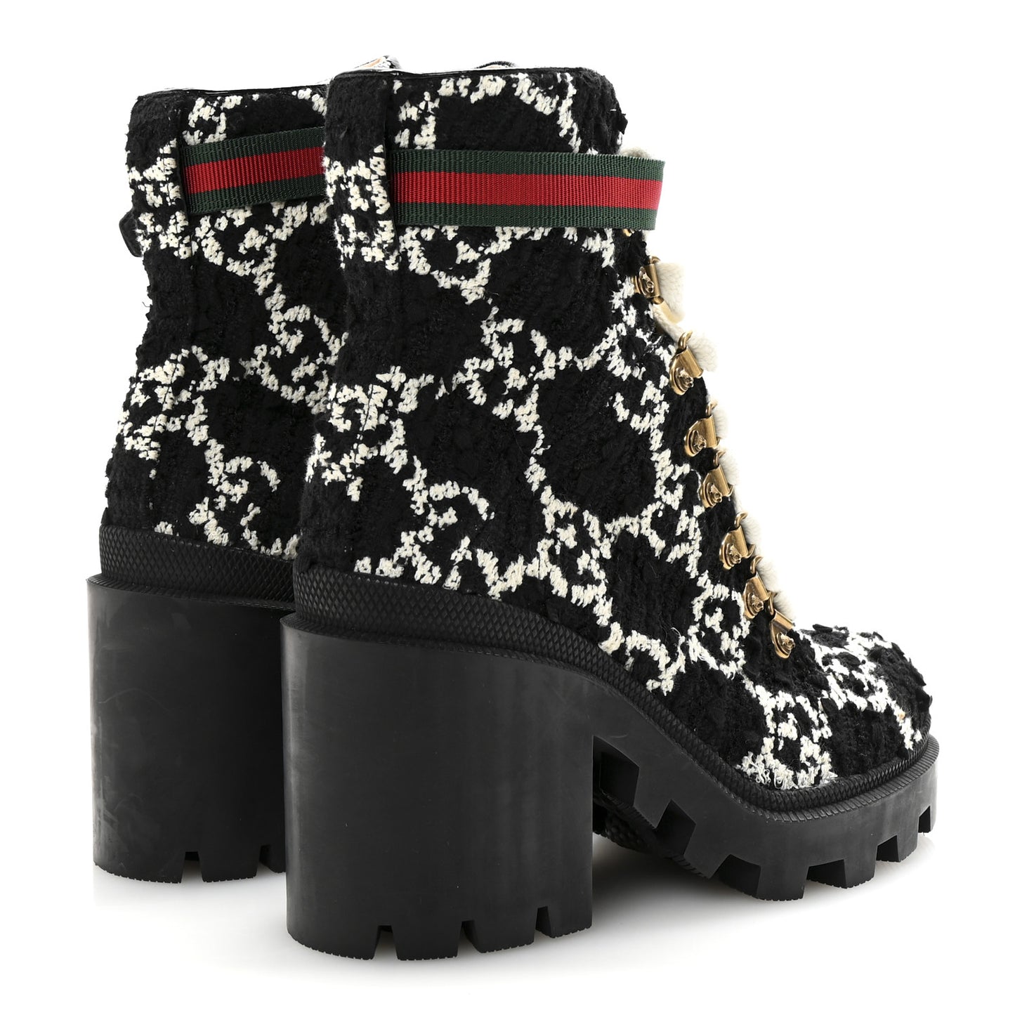 Tweed GG Monogram Lace Up Combat Ankle Boots 35.5 Black