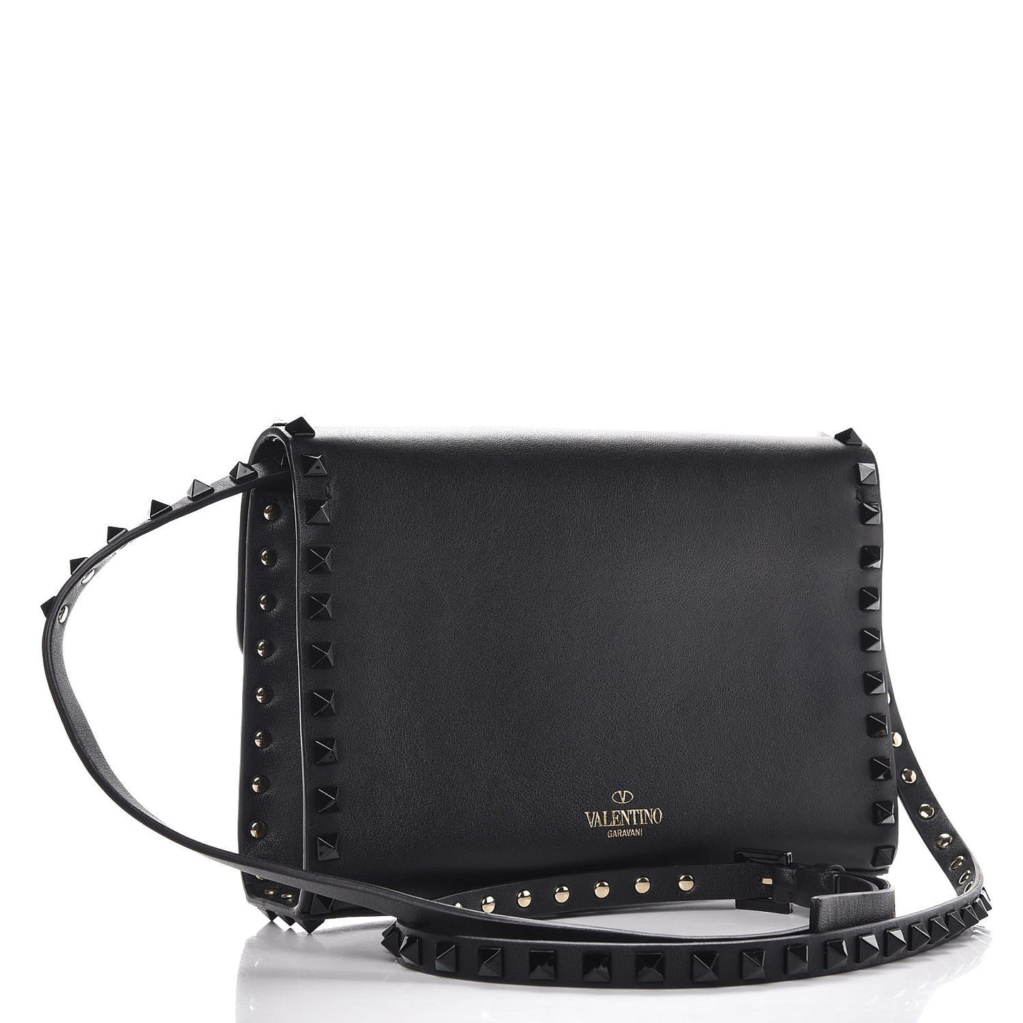 Vitello Monochrome Medium Rockstud Flip Lock Crossbody Bag Black