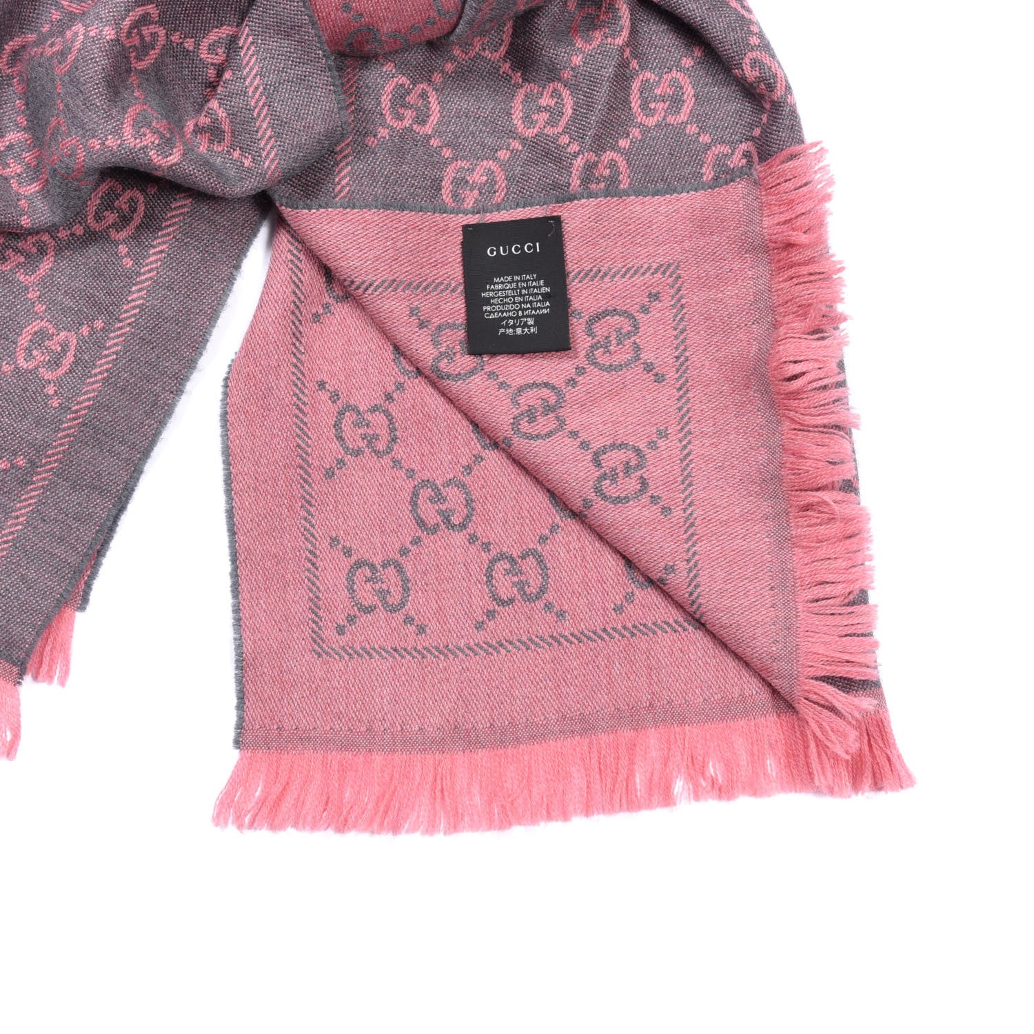 Gucci Wool Jacquard GG Monogram Sten Fringe Scarf Graphite Pink 3 of 10