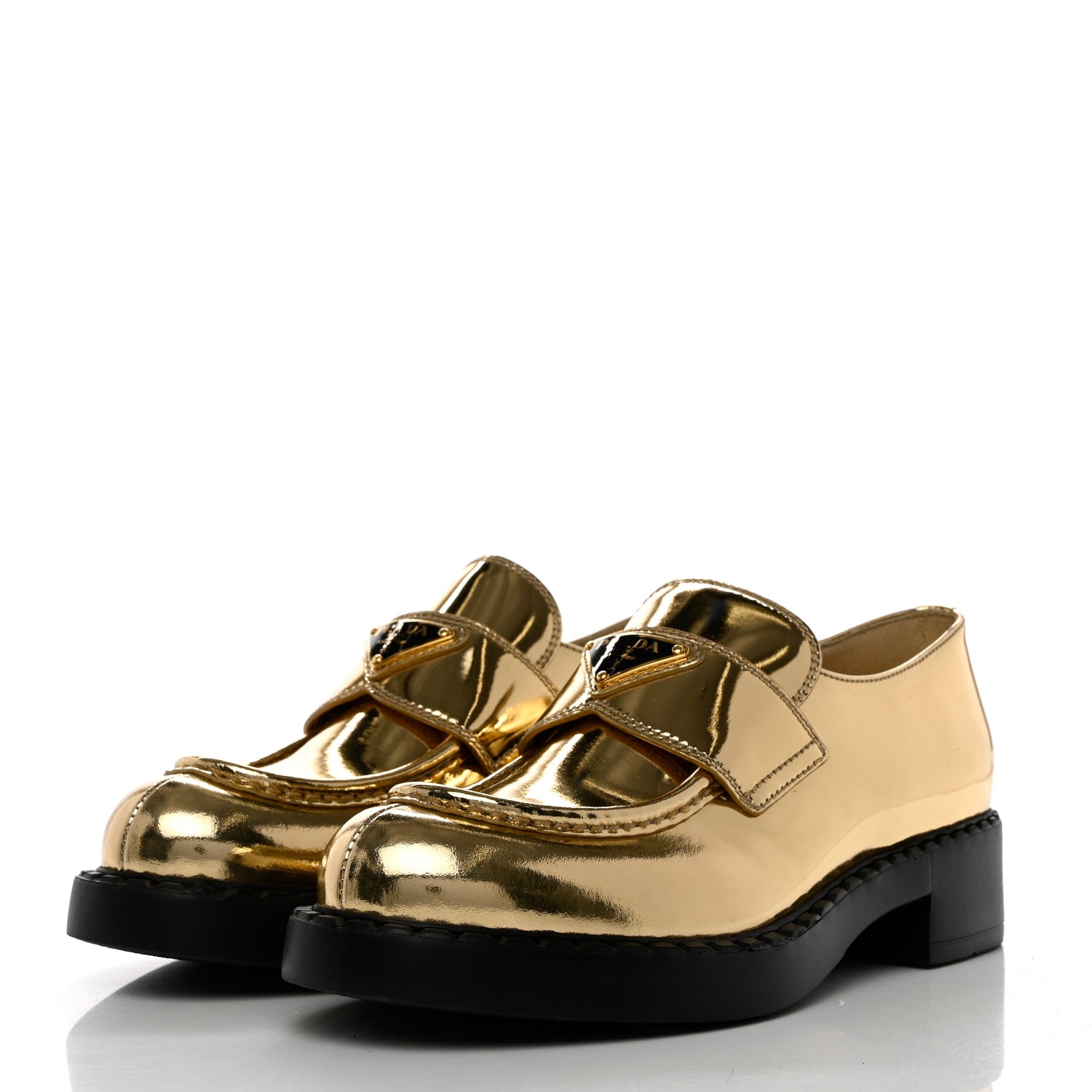 this is an image of a pair of Prada Metallic Brushed Calfskin Logo 50mm Loafers in metallic gold by FASHIONPHILE
