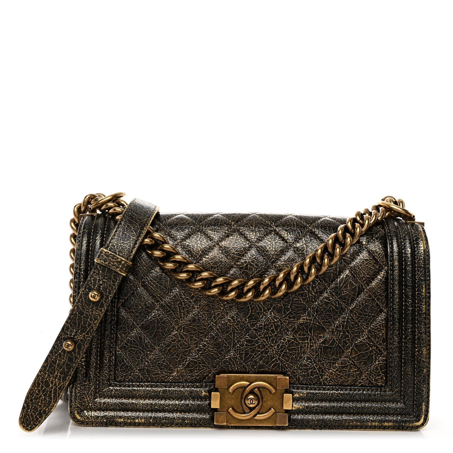Cracked Metallic Calfskin Quilted Medium Boy Flap Gold