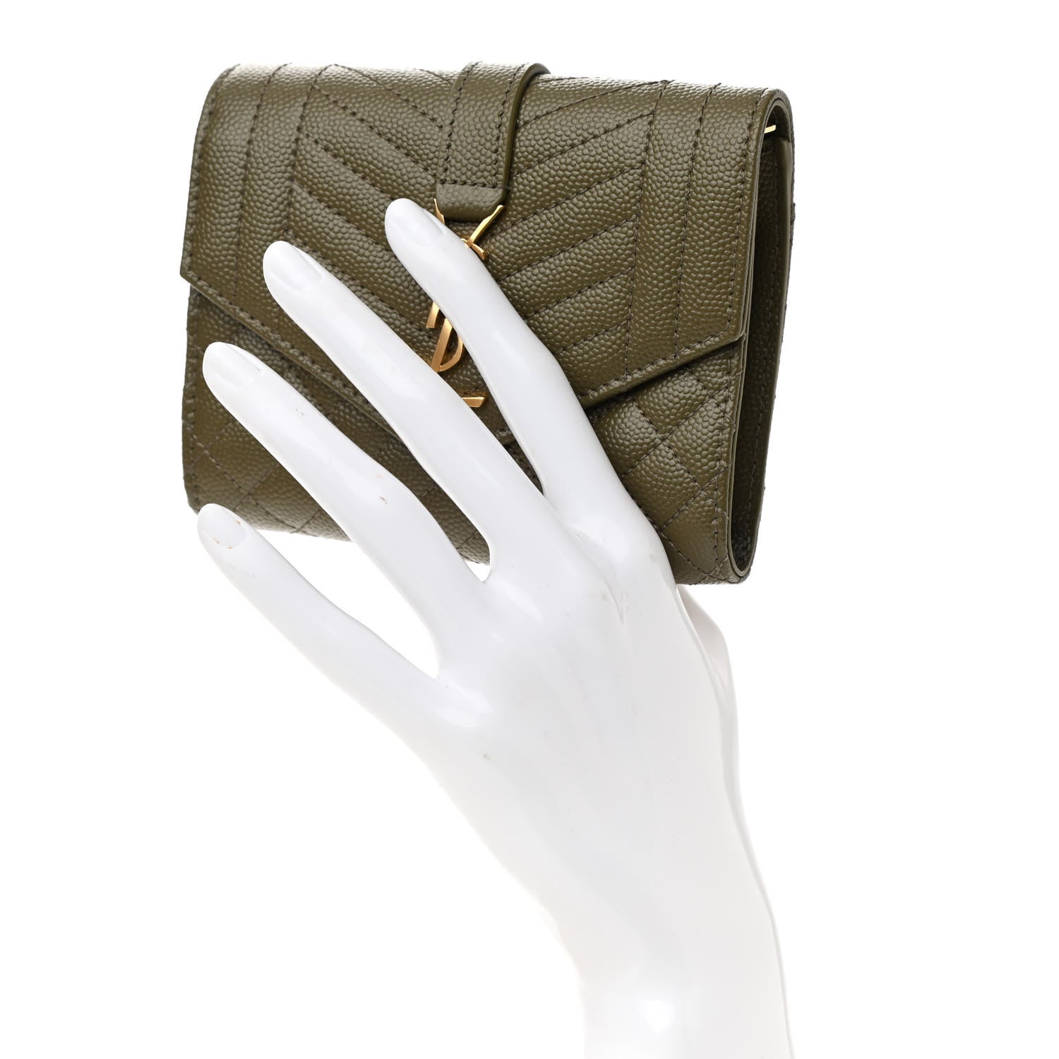 Saint Laurent Grain De Poudre Mixed Matelasse Triquilt Monogram Compact Tri Fold Wallet Vert Kaki 2 of 6