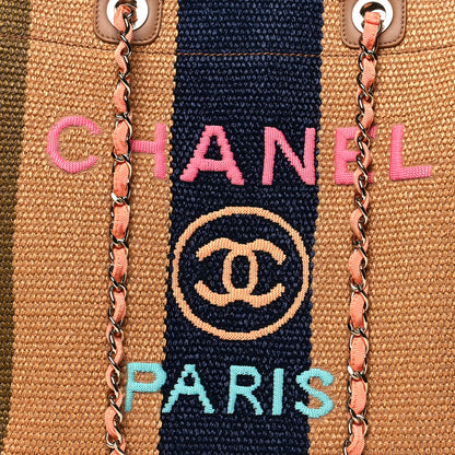 Chanel Straw Raffia Calfskin Striped Large Deauville Tote Khaki Beige Navy 8 of 10
