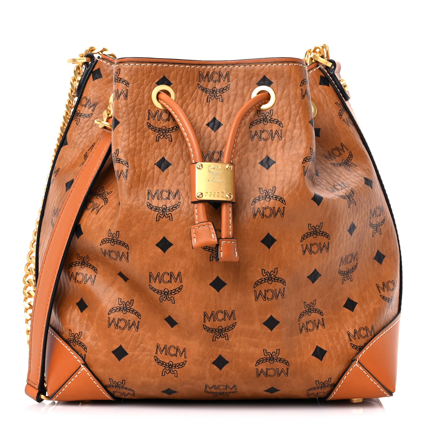 MCM Visetos Small Soft Berlin Drawstring Bucket Bag Cognac 1 of 11
