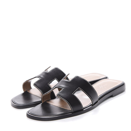 Hermes Box Calfskin Oran Sandals 37 Black 3 of 10