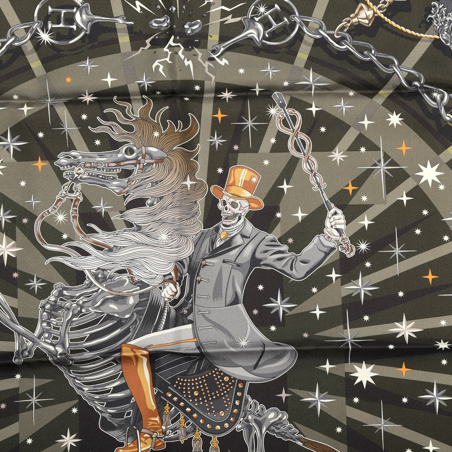 Hermes Silk C'est La Fete Scarf 90 Kaki Anthracite Gris 2 of 4