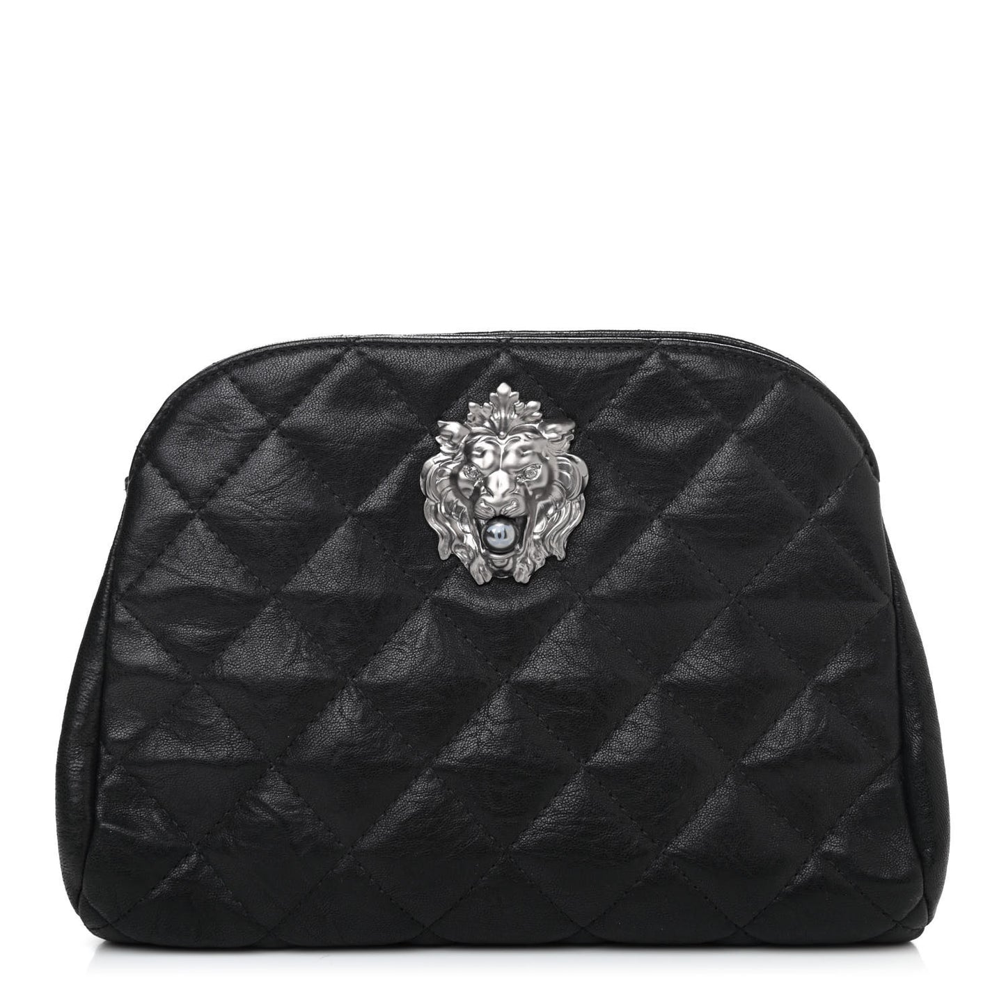 Aged Calfskin Quilted Leo Lion Clutch Black