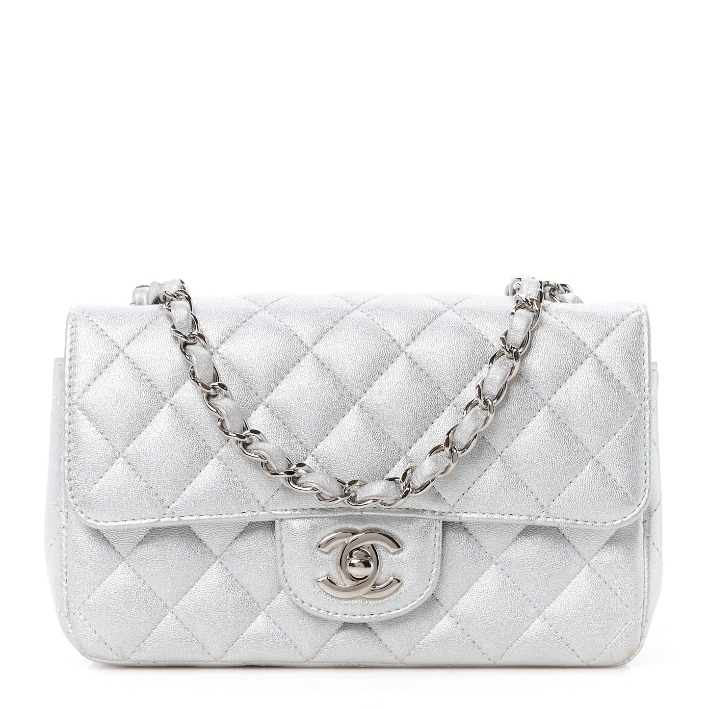 Metallic Lambskin Quilted Mini Rectangular Flap Silver