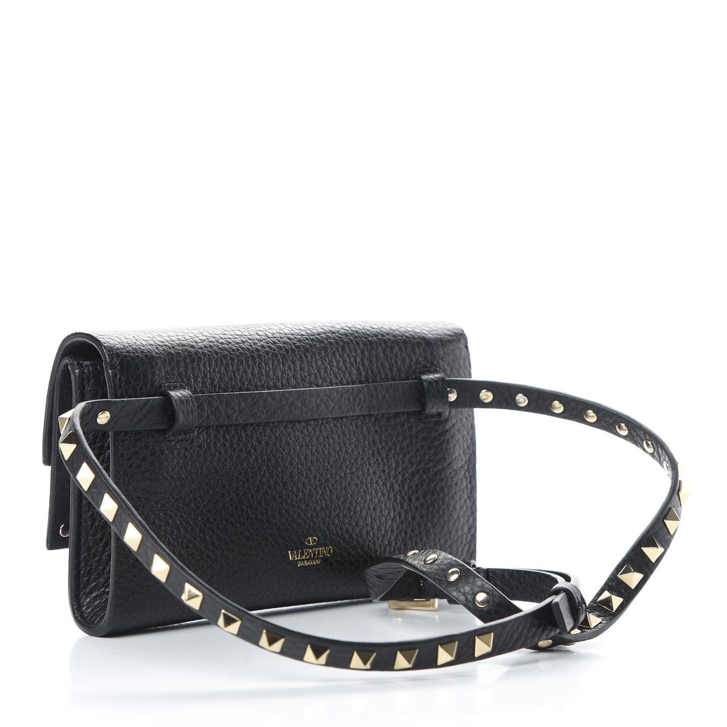 Grainy Calfskin Rockstud Double Flap Belt Bag Black