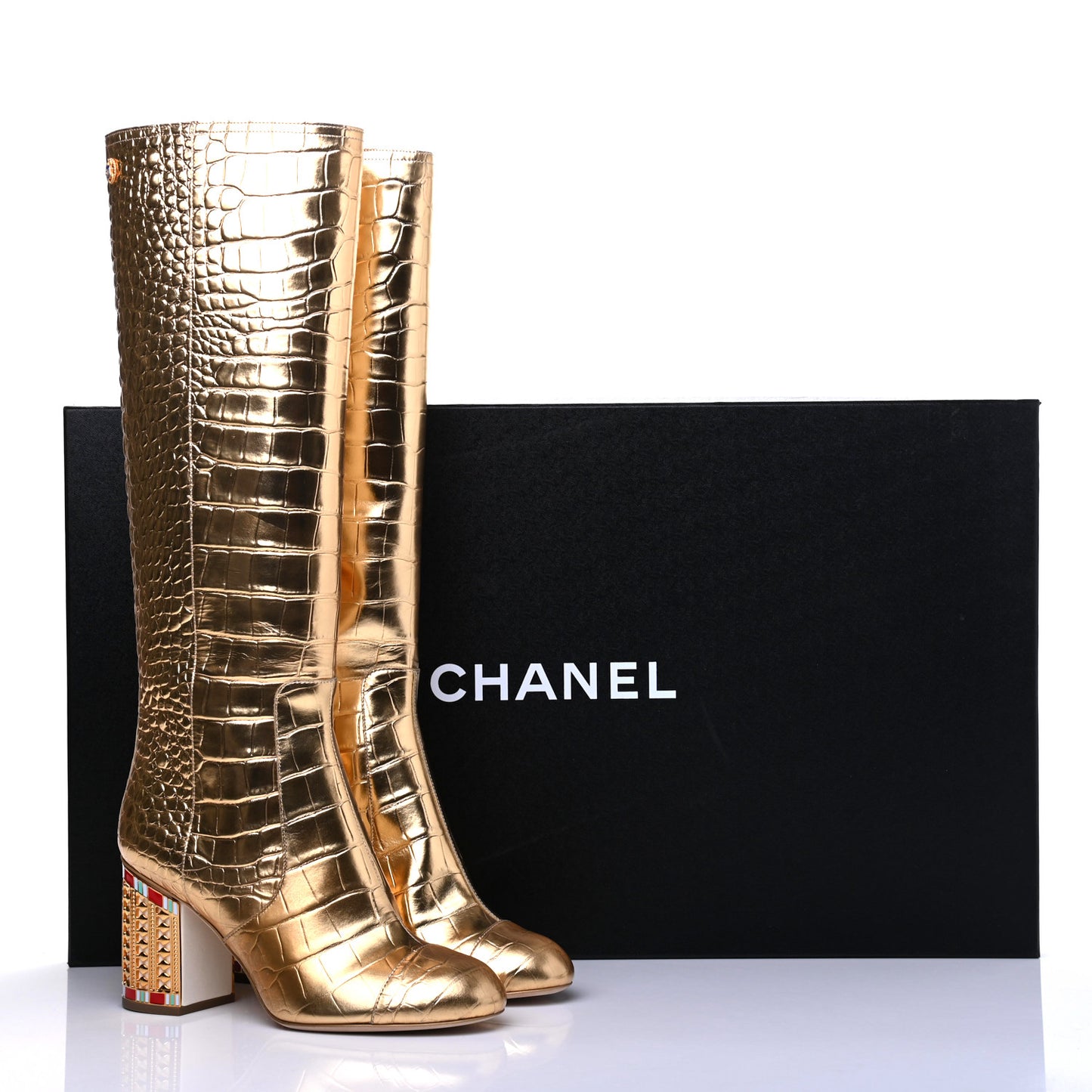 Calfskin Crocodile Embossed Cap Toe High Boots 38.5 Gold