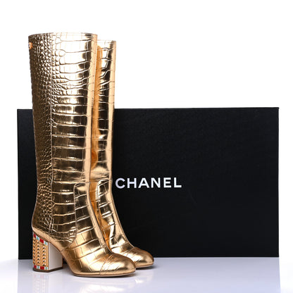 Chanel Calfskin Crocodile Embossed Cap Toe High Boots 38.5 Gold 11 of 11