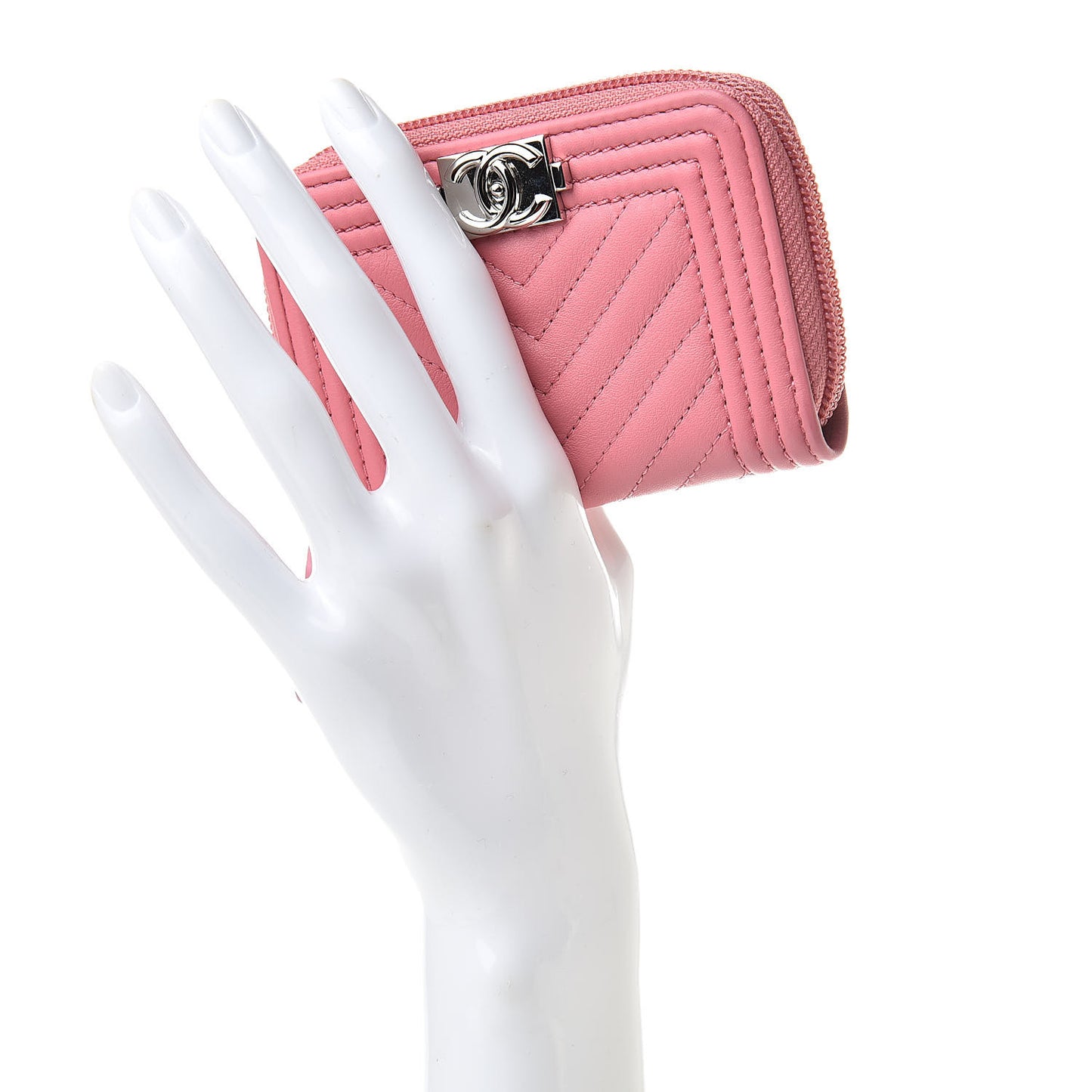 Calfskin Chevron Quilted Zip Around Boy Coin Purse Wallet Pink