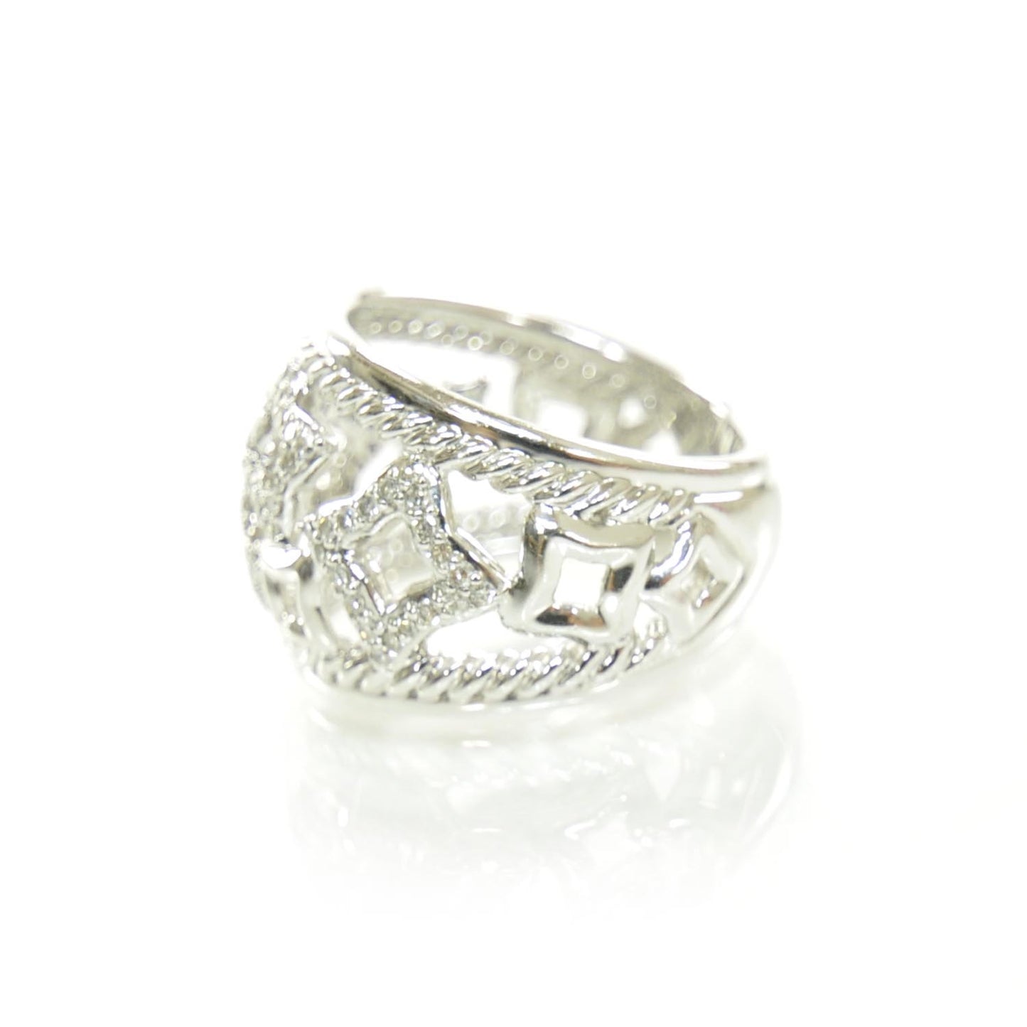 Sterling Silver Pave Diamond Tapestry Dome Ring 6