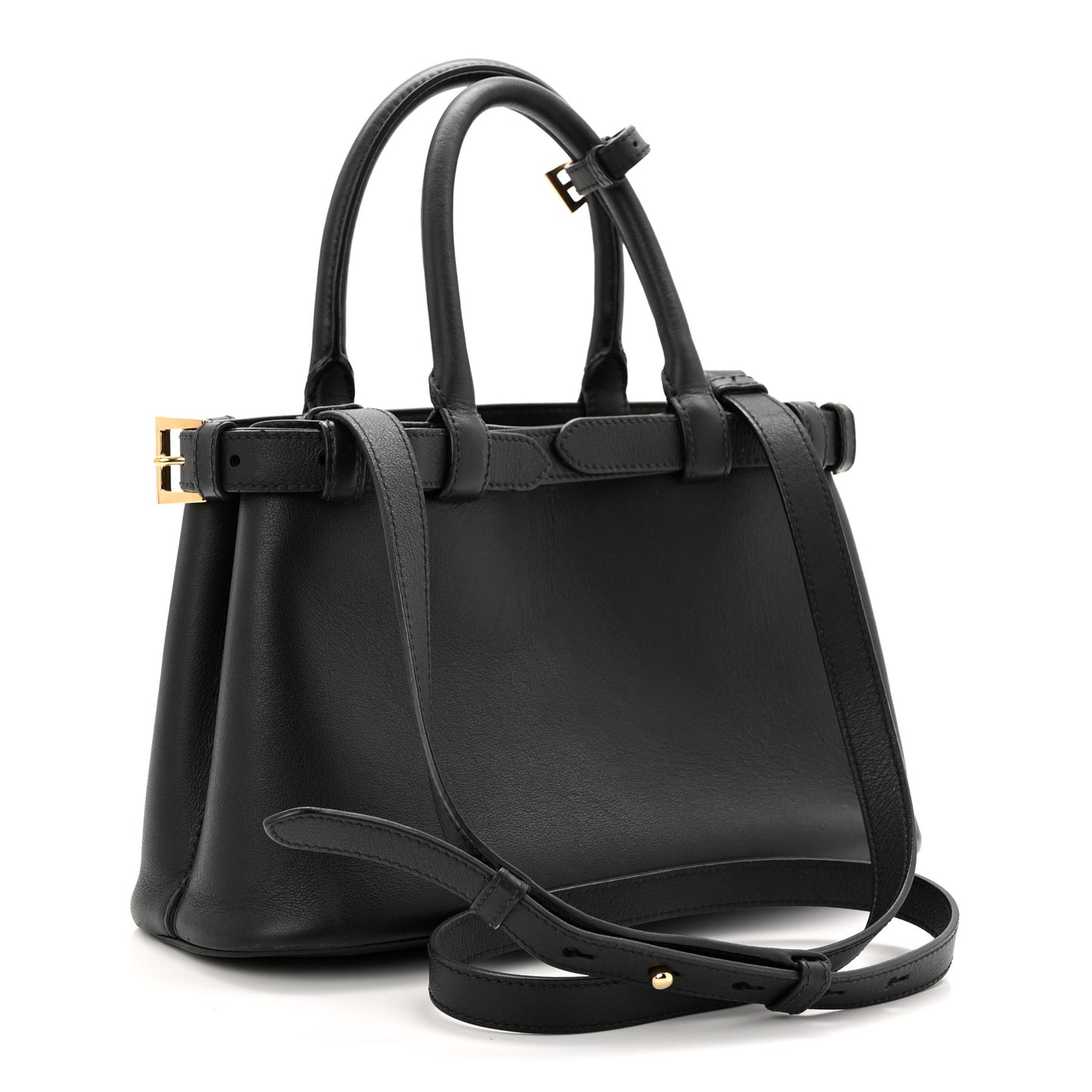 Soft Grain Calfskin Small Double Belt Tote Black