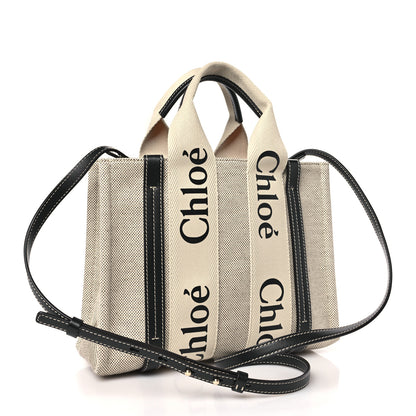 Chloe Cotton Calfskin Small Woody Ribbon Tote With Strap White Navy 3 of 8