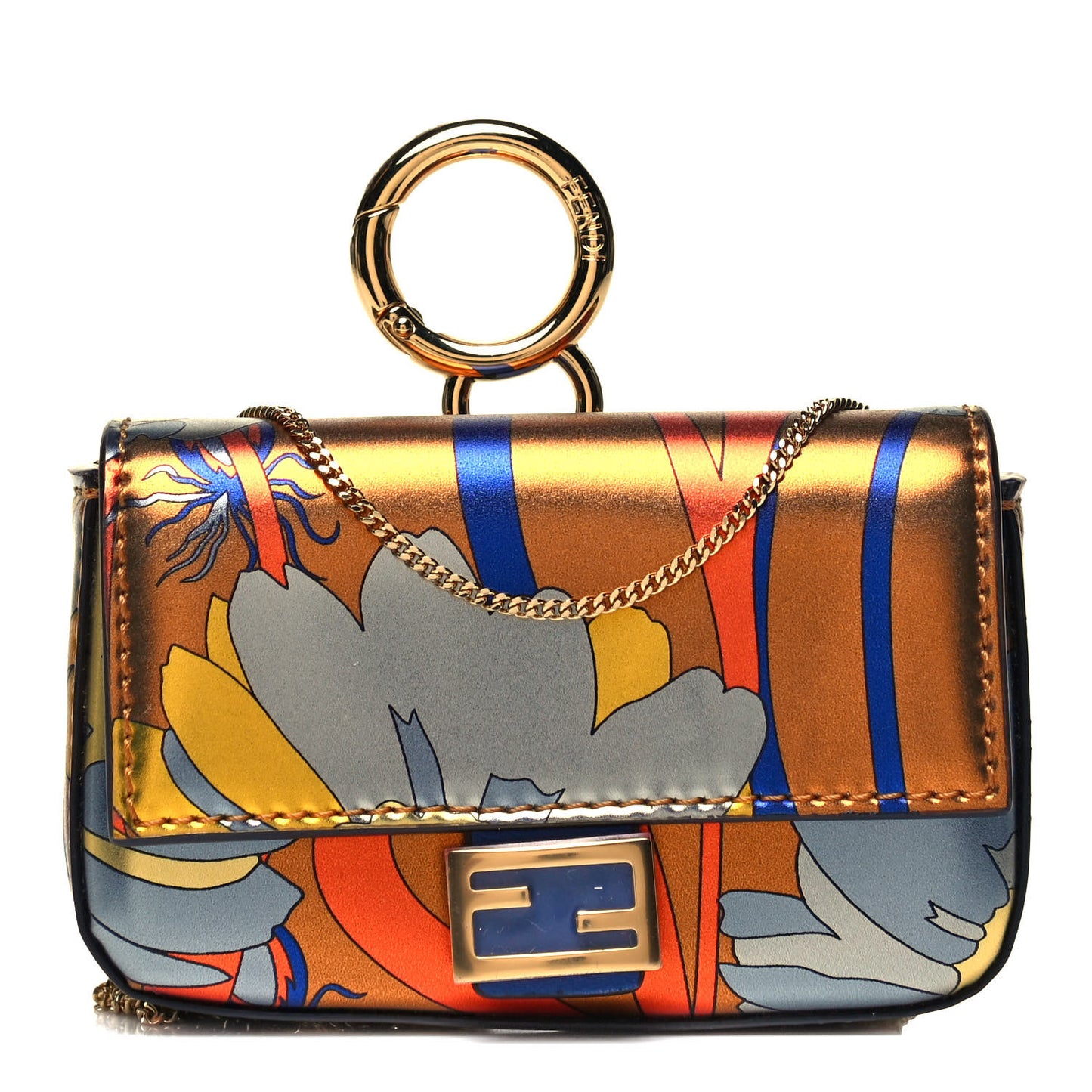 Metallic Calfskin Floral Nano Baguette Charm Bronze