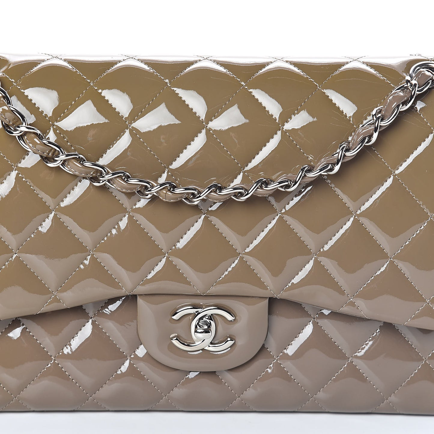 Patent Calfskin Quilted Jumbo Double Flap Grey