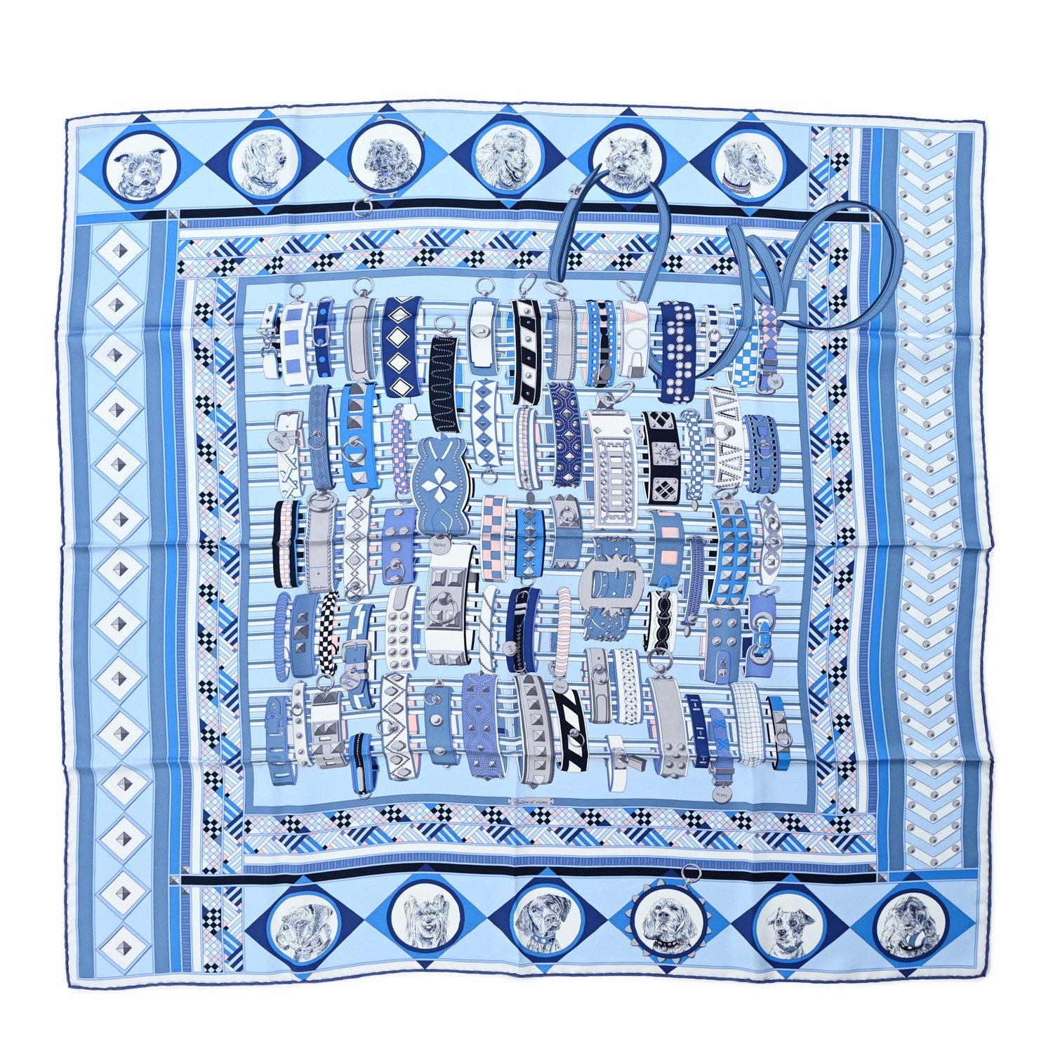 Hermes Silk Carre Wash Colliers de Chiens Scarf 90 Bleu Jean Cobalt 1 of 5