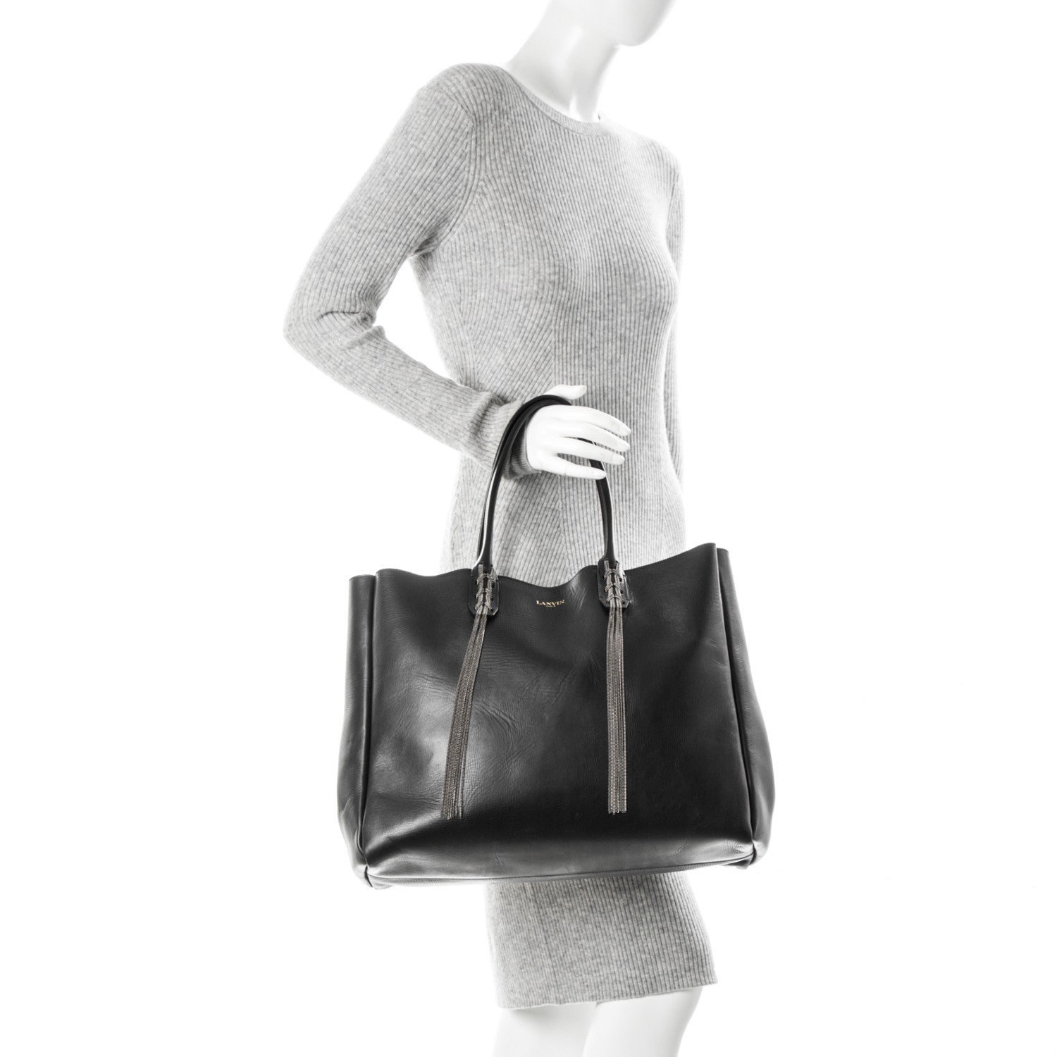 Lanvin Glazed Calfskin Braided Metal Chain Fringe Shopper Tote Black 2 of 6