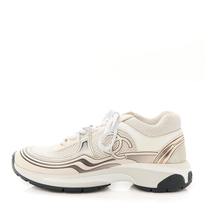 Chanel Fabric Laminated Calfskin Stretch CC Womens Sneakers 38 Ivory White Silver 1 of 8