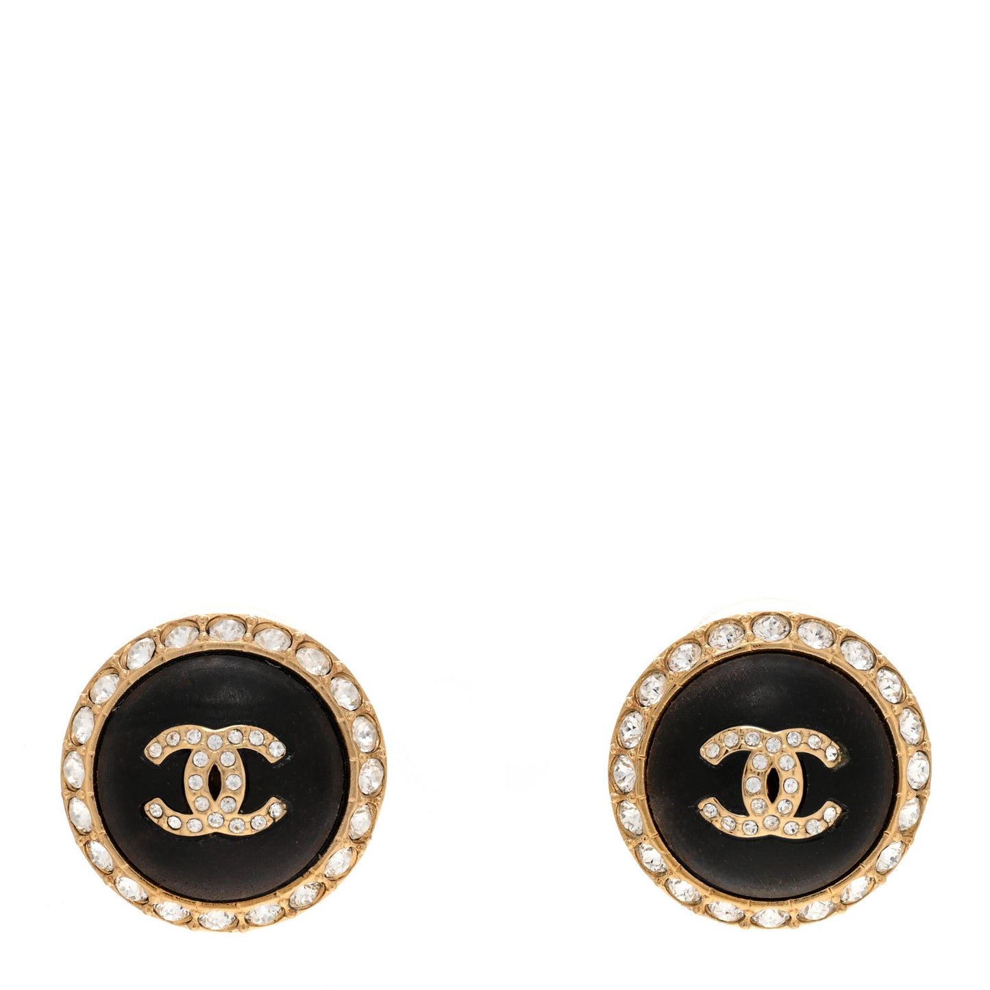 Metal Wood Crystal CC Round Earrings Gold Brown
