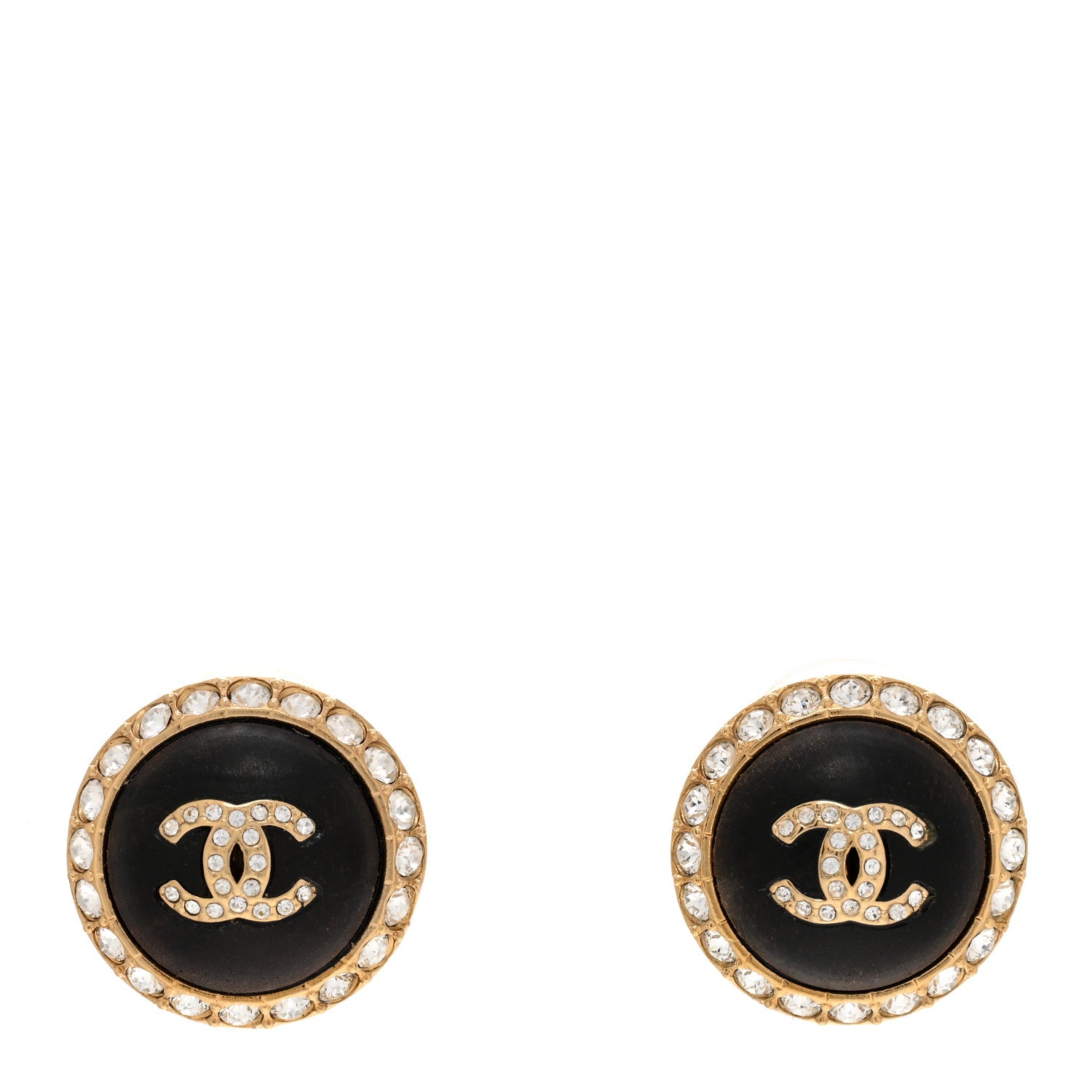 Chanel Metal Wood Crystal CC Round Earrings Gold Brown 1 of 4