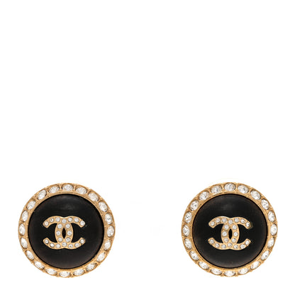 Chanel Metal Wood Crystal CC Round Earrings Gold Brown 1 of 4
