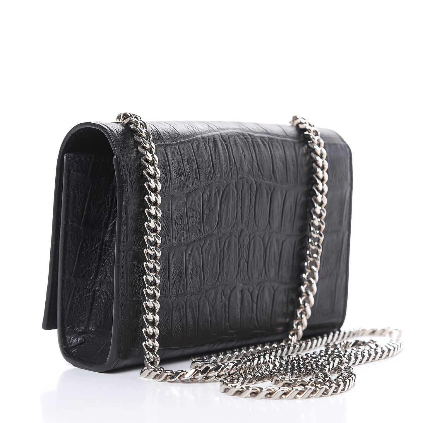 Calfskin Crocodile Embossed Monogram Small Kate Tassel Satchel Black