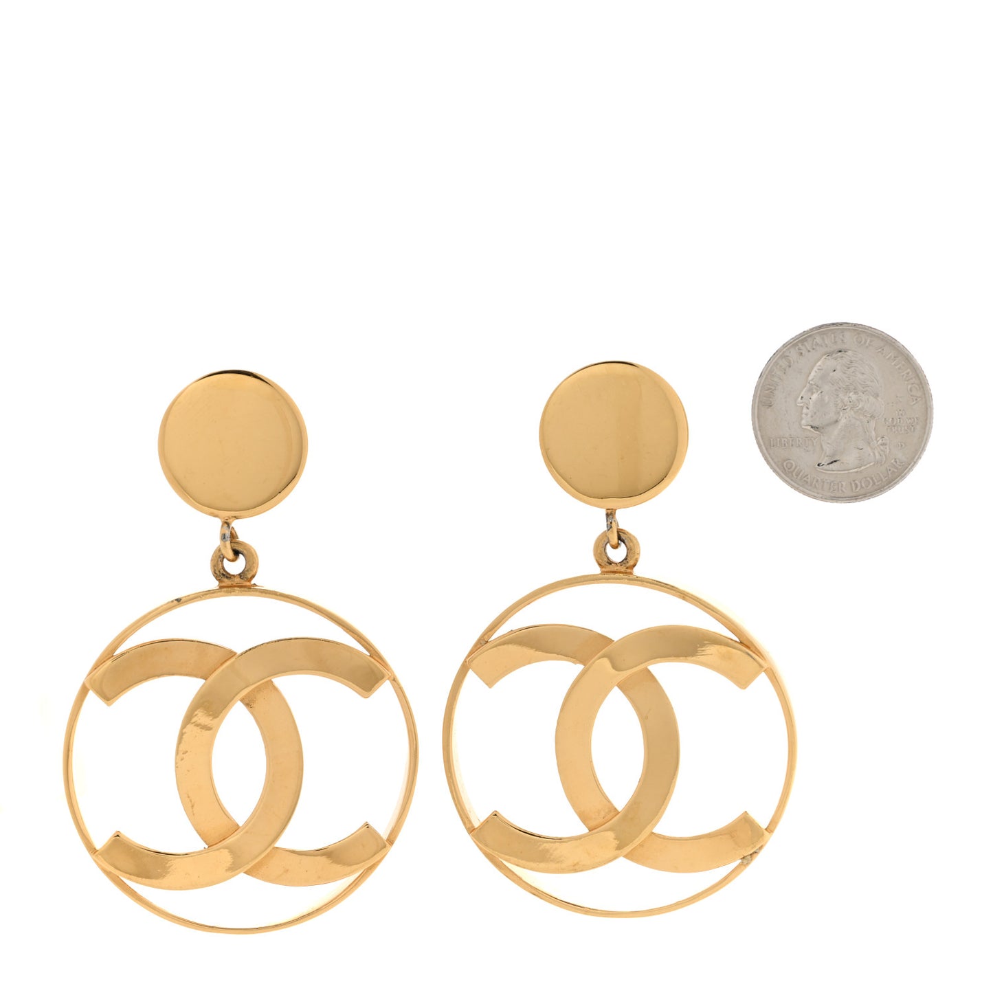 Metal Round CC Drop Clip On Earrings Gold