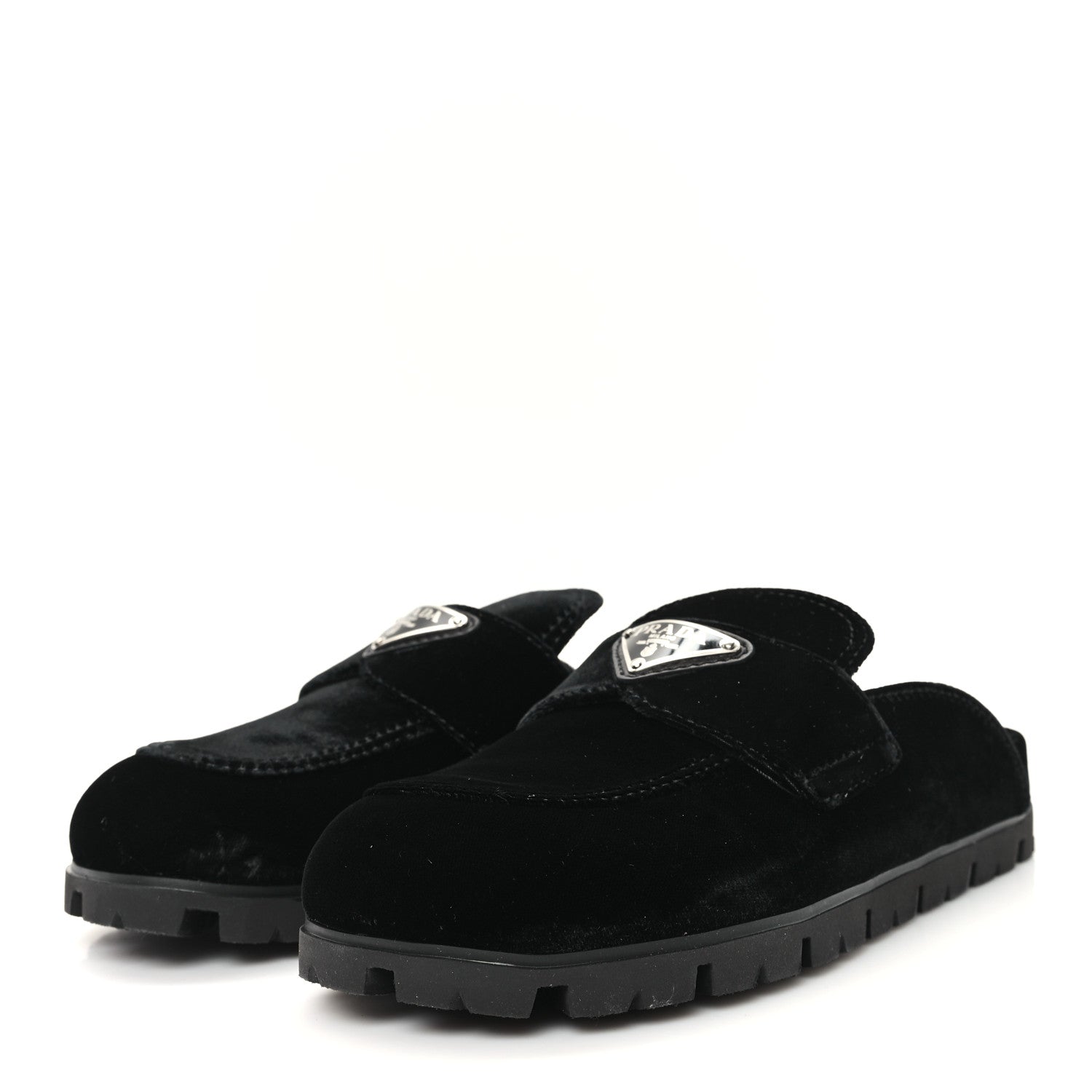Prada Velluto Metal Triangle Logo 20mm Flat Mules 35 Black 4 of 10