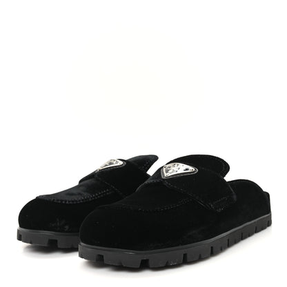 Prada Velluto Metal Triangle Logo 20mm Flat Mules 35 Black 4 of 10