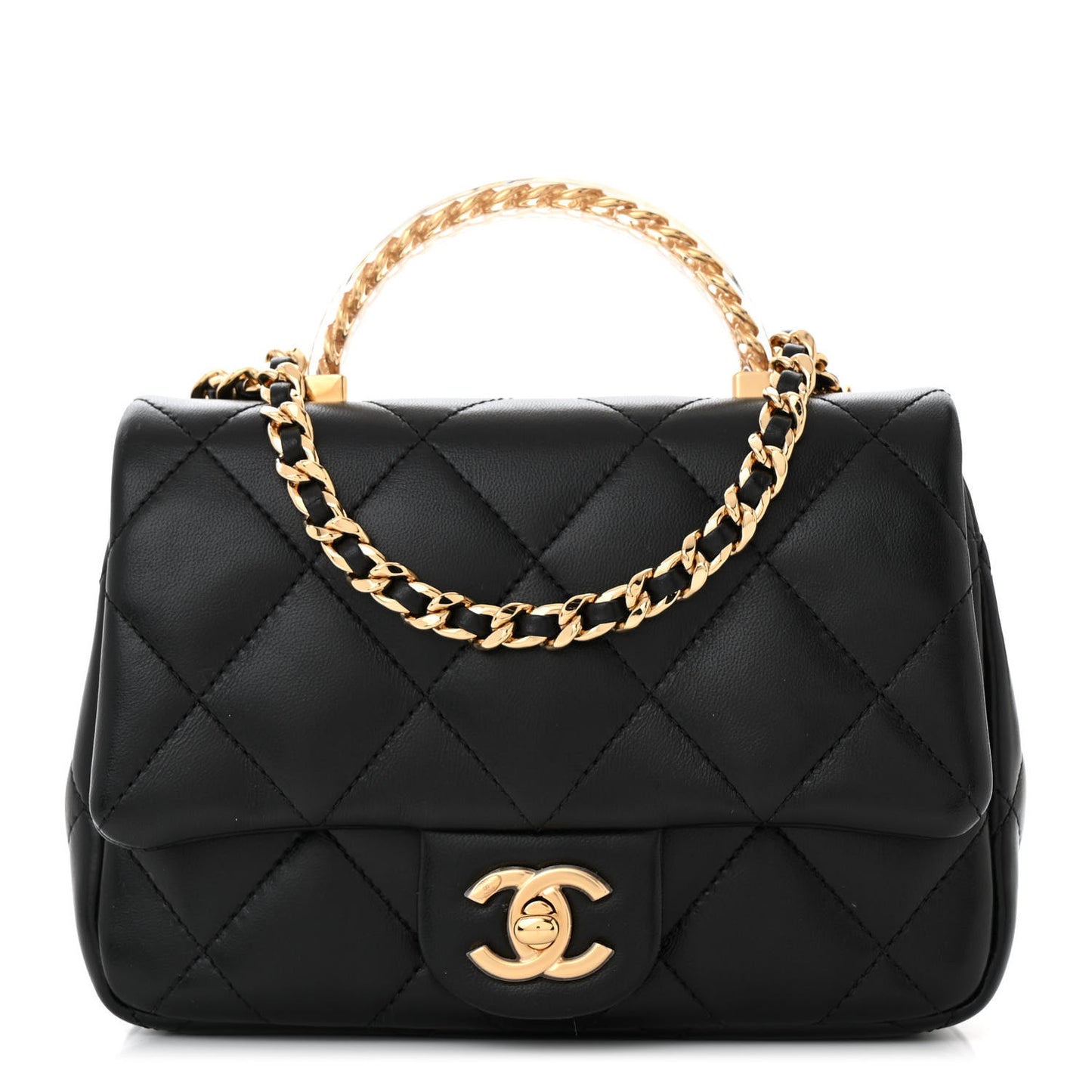 Lambskin Resin Quilted Top Handle Flap Black